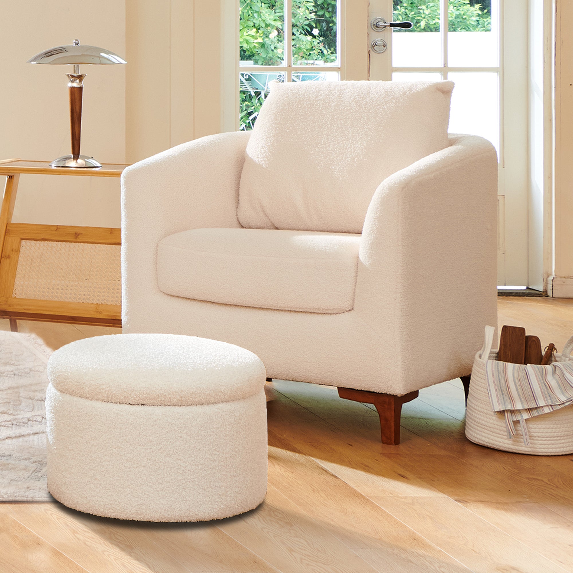 COLAMY Sherpa Accent Chair Reading Chair with Round Storage Ottoman Set