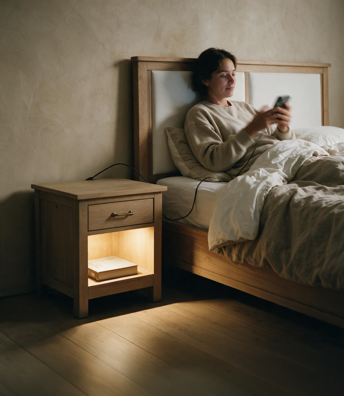 COLAMY HUSH Natural Oak Charging Nightstand with USB-C
