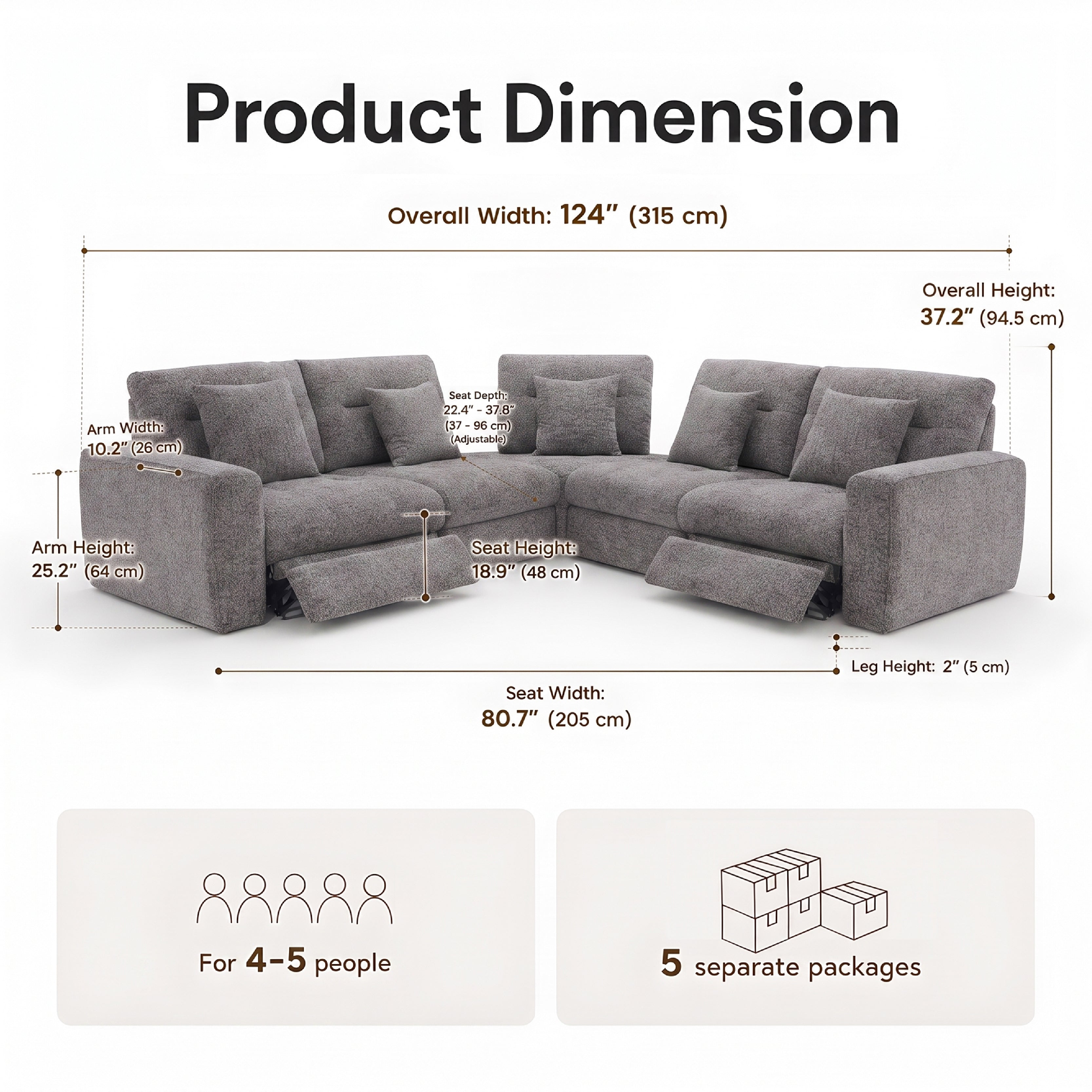 COLAMY AUREN 5-Seat Modular Power Reclining Sofa