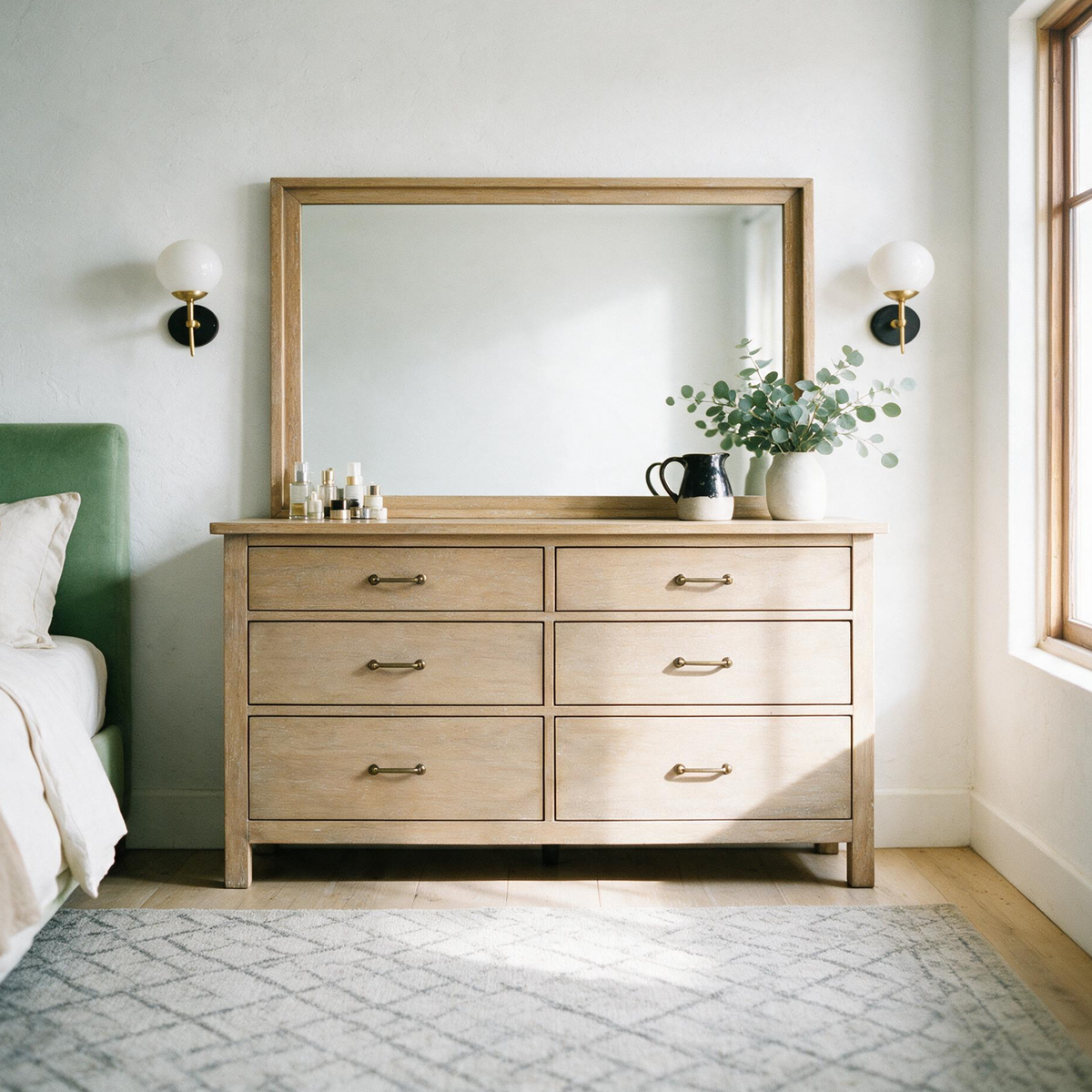 COLAMY HUSH Mid-Century Modern 6 Drawer Double Dresser with Mirror