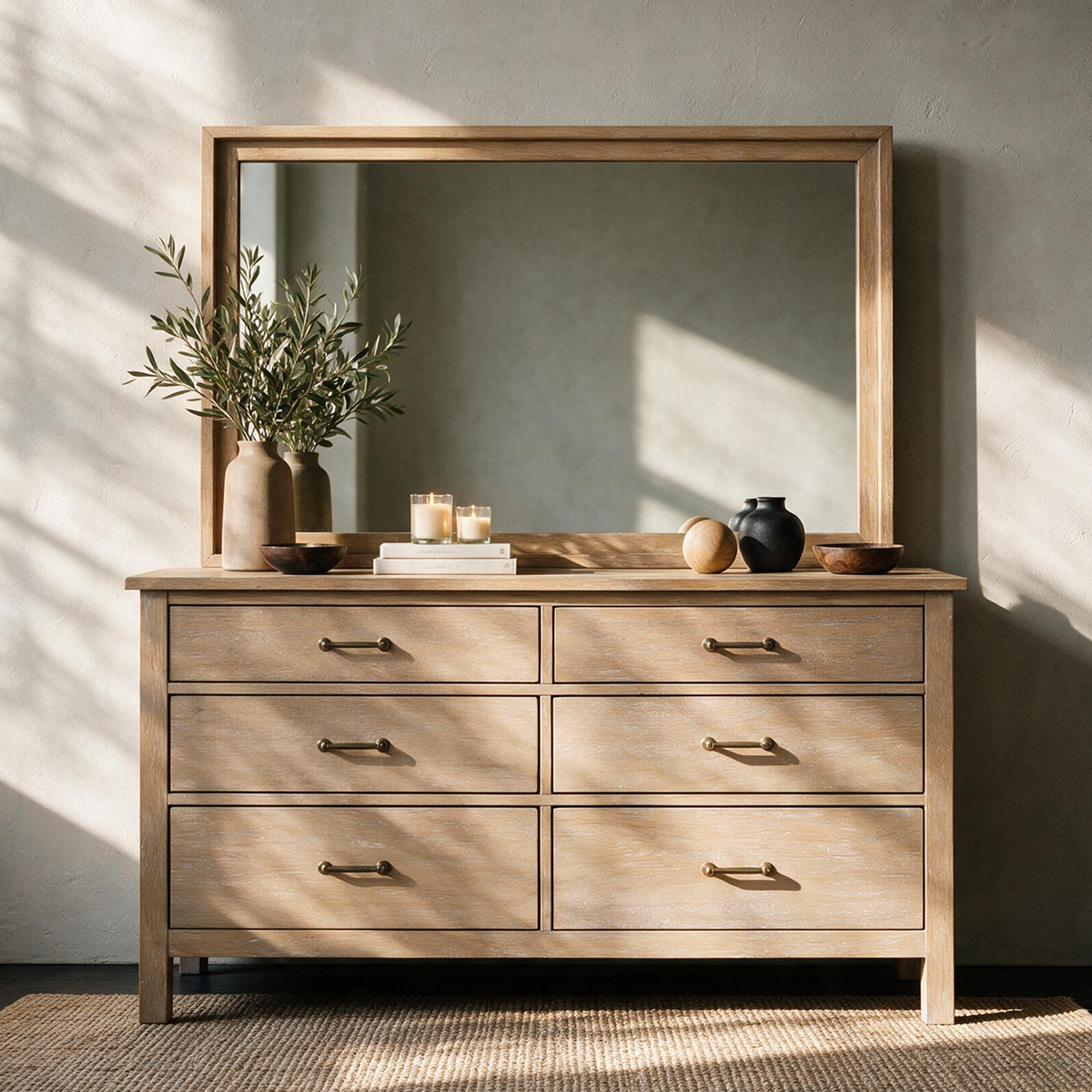 COLAMY HUSH Mid-Century Modern 6 Drawer Double Dresser with Mirror