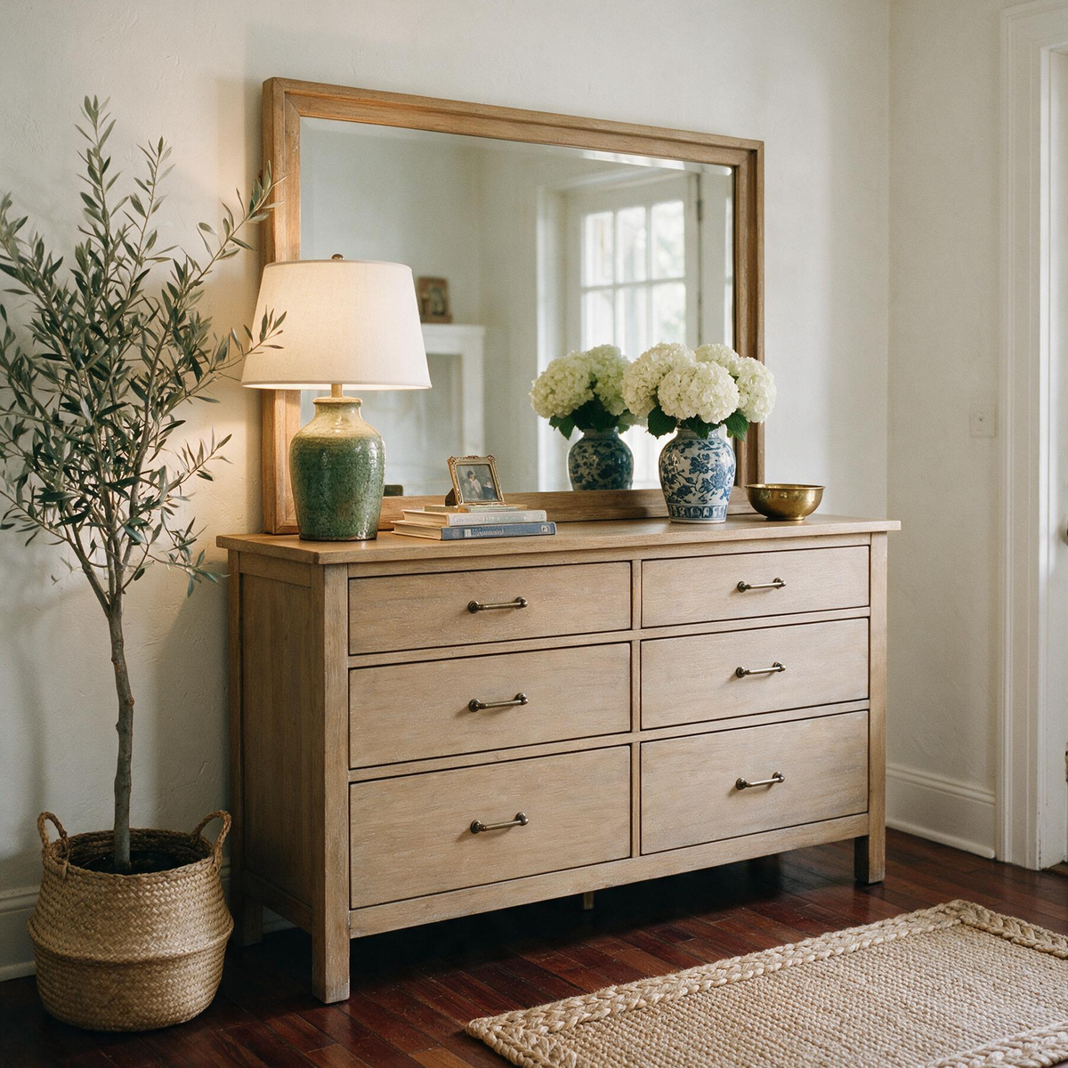 COLAMY HUSH Mid-Century Modern 6 Drawer Double Dresser with Mirror