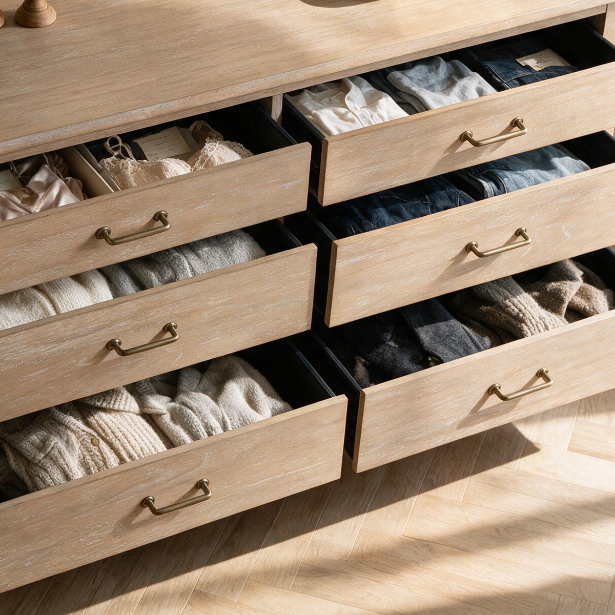 COLAMY HUSH Mid-Century Modern 6 Drawer Double Dresser with Mirror