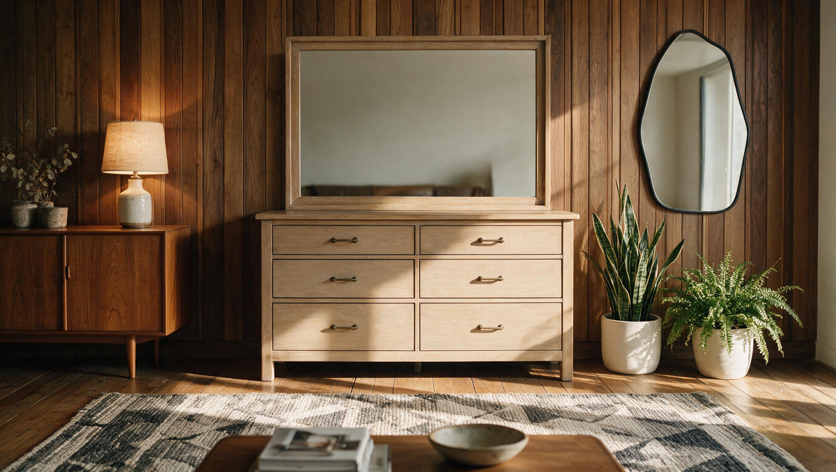 COLAMY HUSH Mid-Century Modern 6 Drawer Double Dresser with Mirror