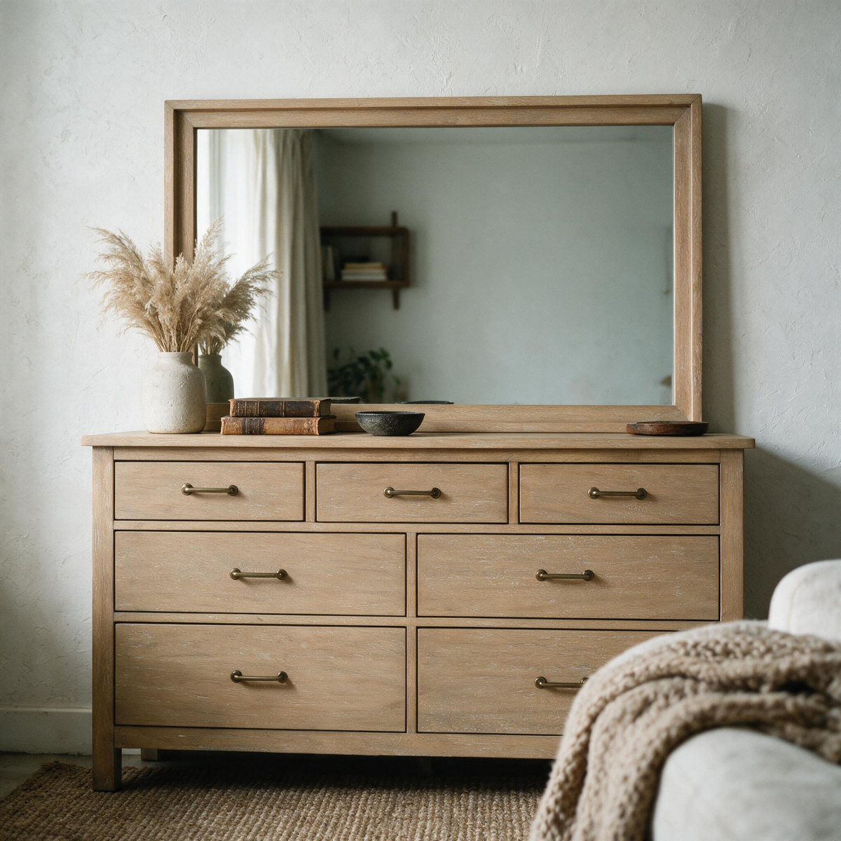 COLAMY HUSH Mid-Century 7 Drawer Double Dresser with Mirror