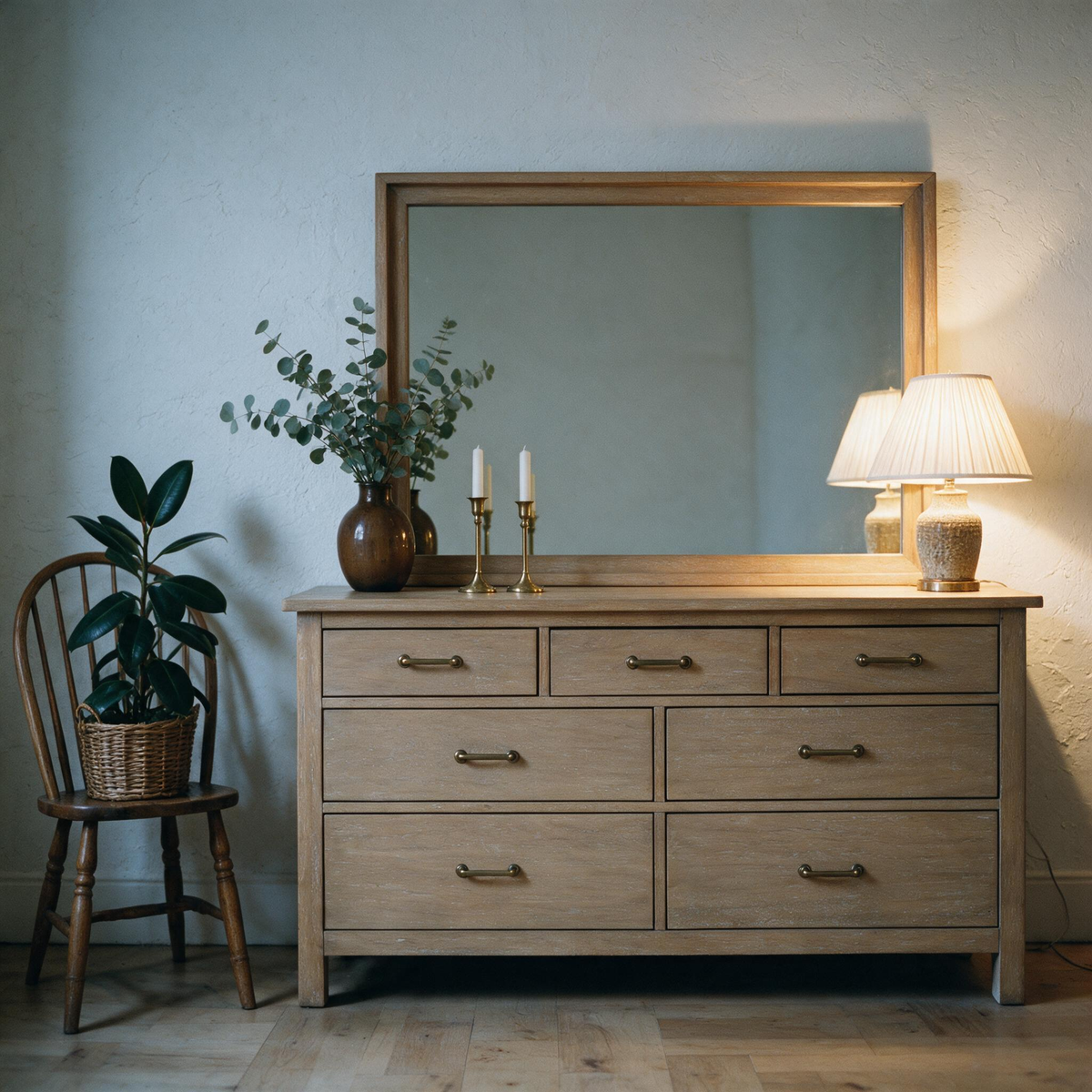COLAMY HUSH Mid-Century 7 Drawer Double Dresser with Mirror