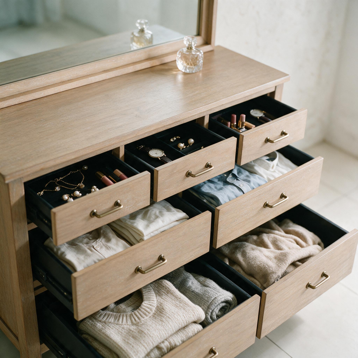 COLAMY HUSH Mid-Century 7 Drawer Double Dresser with Mirror