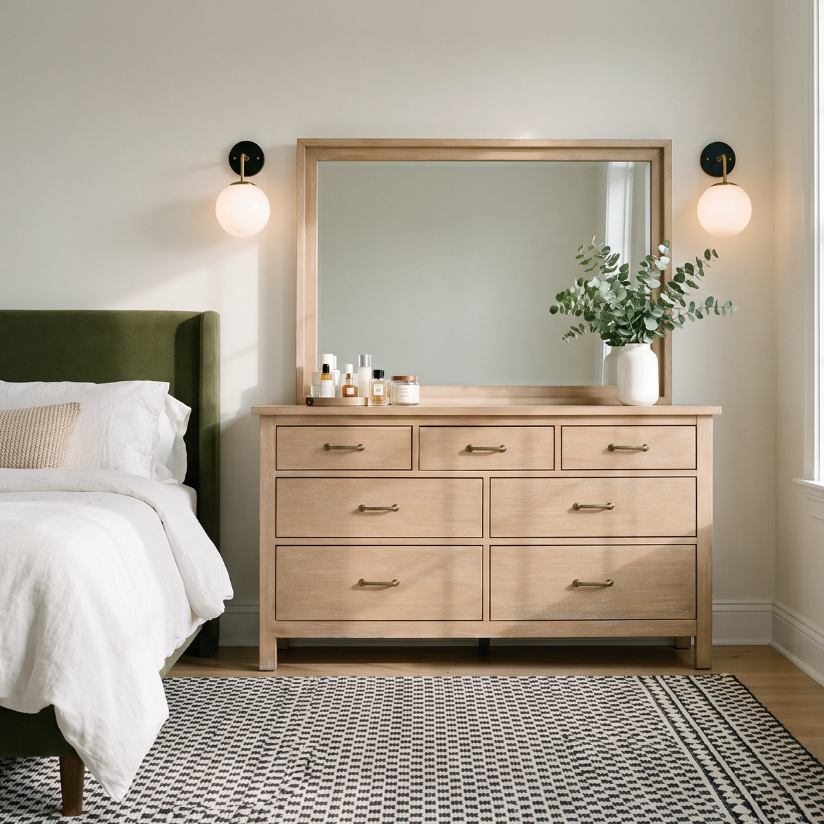 COLAMY HUSH Mid-Century 7 Drawer Double Dresser with Mirror