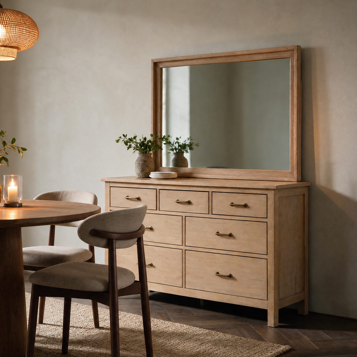 COLAMY HUSH Mid-Century 7 Drawer Double Dresser with Mirror