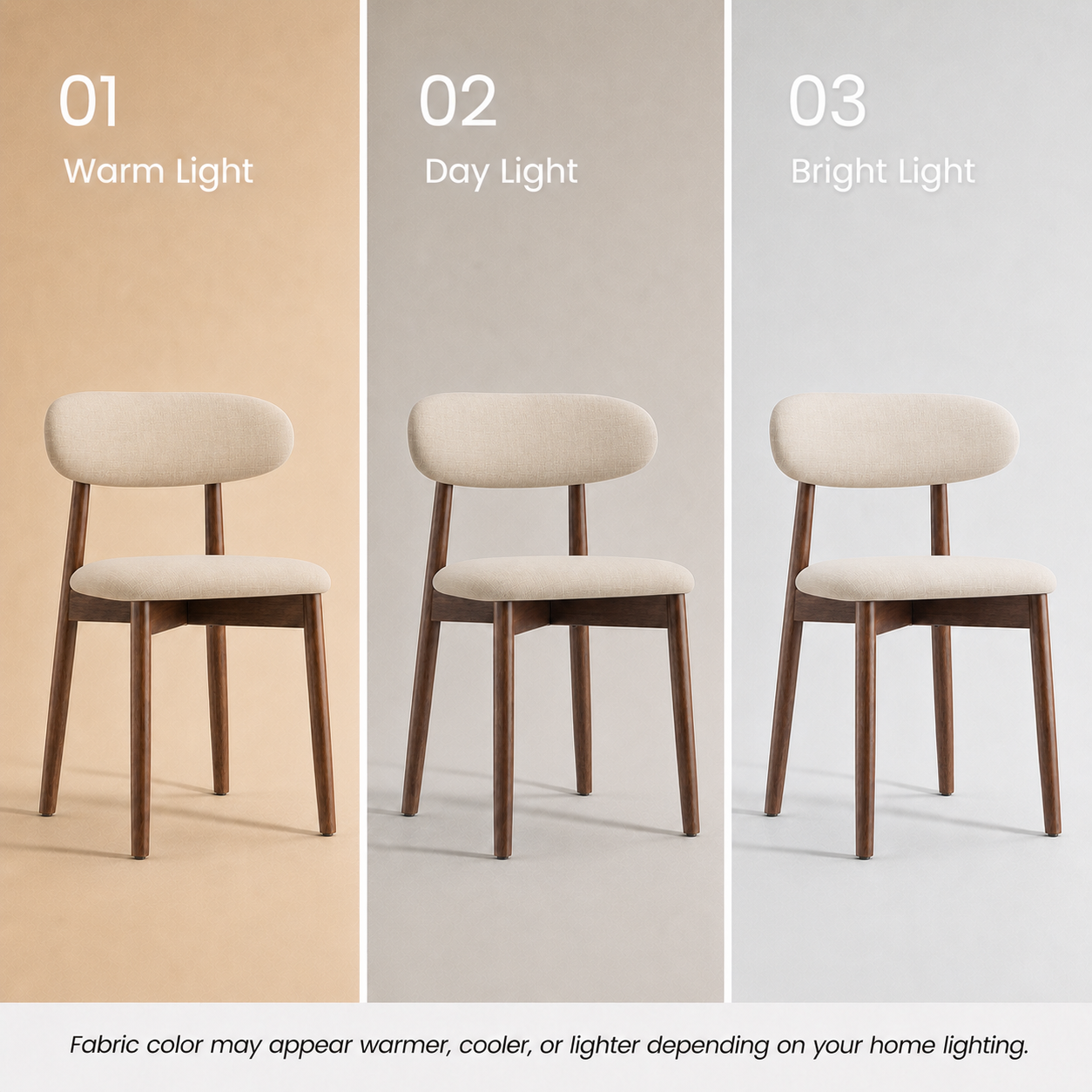 COLAMY mid century modern upholstered dining chair showing fabric color differences under warm light, daylight, and bright light