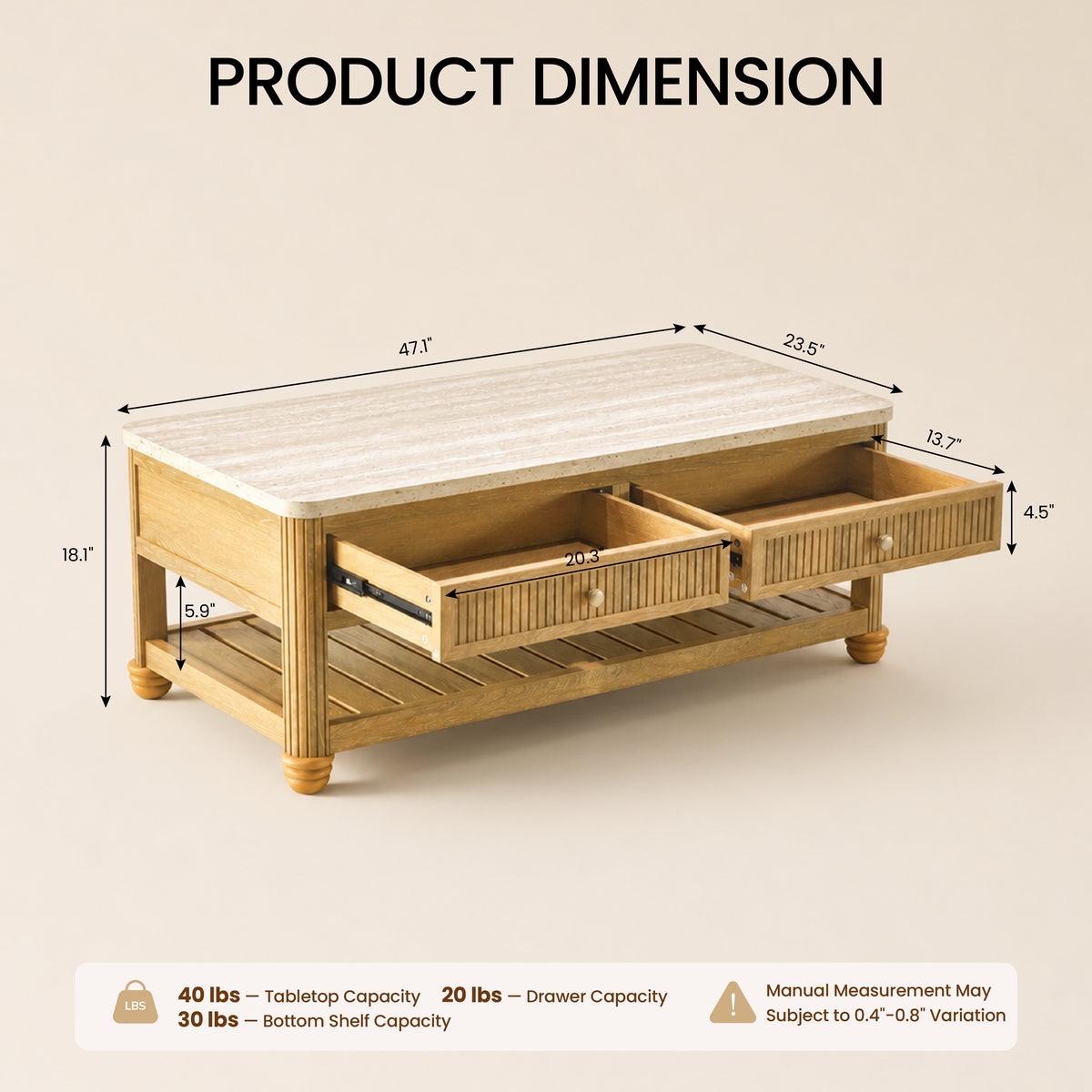 COLAMY VERSE 47.2" Fluted Storage Coffee Table with 2 Drawers & Open Shelf