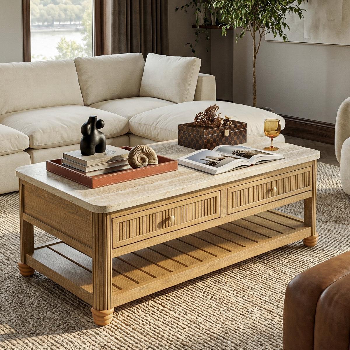 COLAMY VERSE 47.2" Fluted Storage Coffee Table with 2 Drawers & Open Shelf
