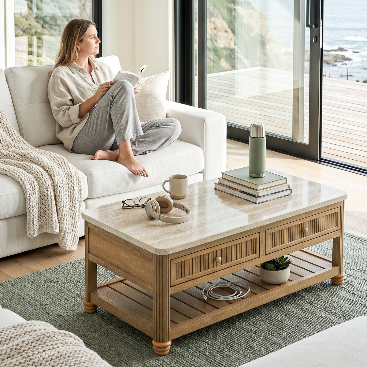 COLAMY VERSE 47.2" Fluted Storage Coffee Table with 2 Drawers & Open Shelf