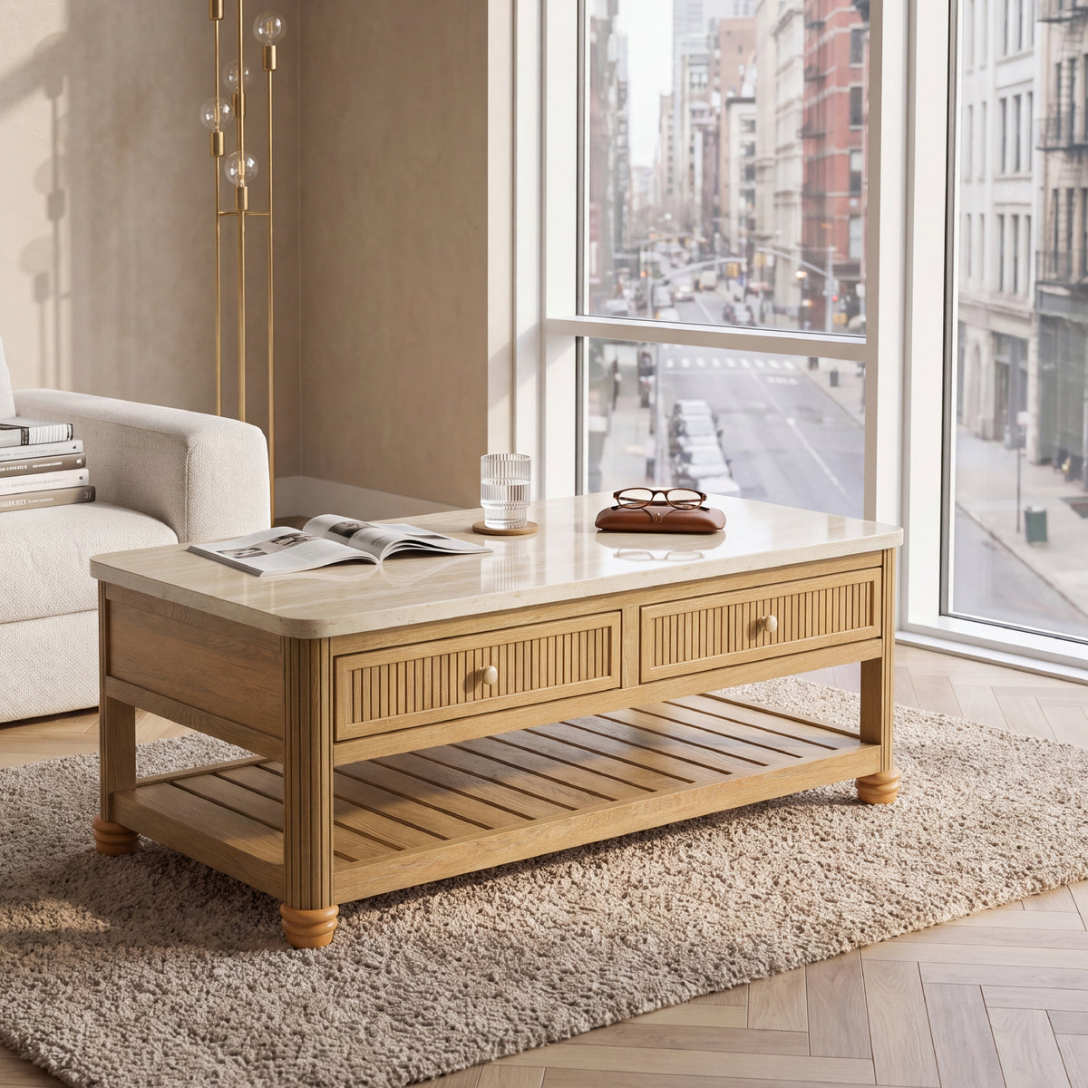 COLAMY VERSE 47.2" Fluted Storage Coffee Table with 2 Drawers & Open Shelf