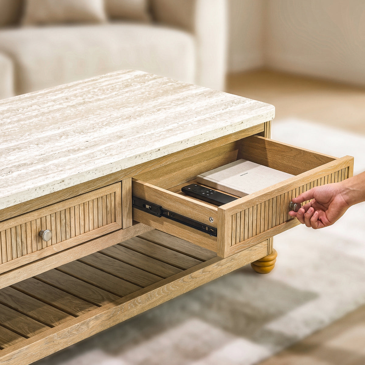 COLAMY VERSE 47.2" Fluted Storage Coffee Table with 2 Drawers & Open Shelf