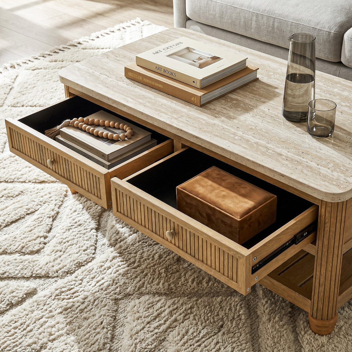 COLAMY VERSE 47.2" Fluted Storage Coffee Table with 2 Drawers & Open Shelf