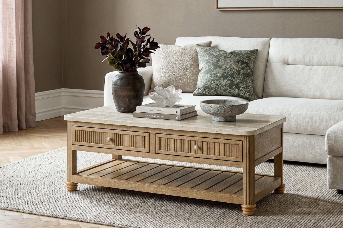 COLAMY VERSE 47.2" Fluted Storage Coffee Table with 2 Drawers & Open Shelf