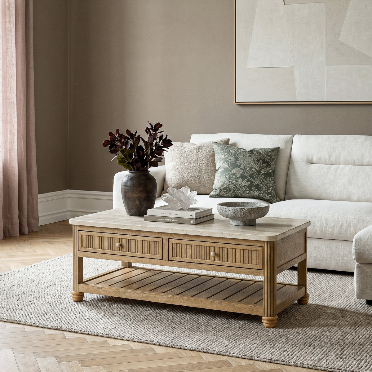 COLAMY VERSE 47.2" Fluted Storage Coffee Table with 2 Drawers & Open Shelf