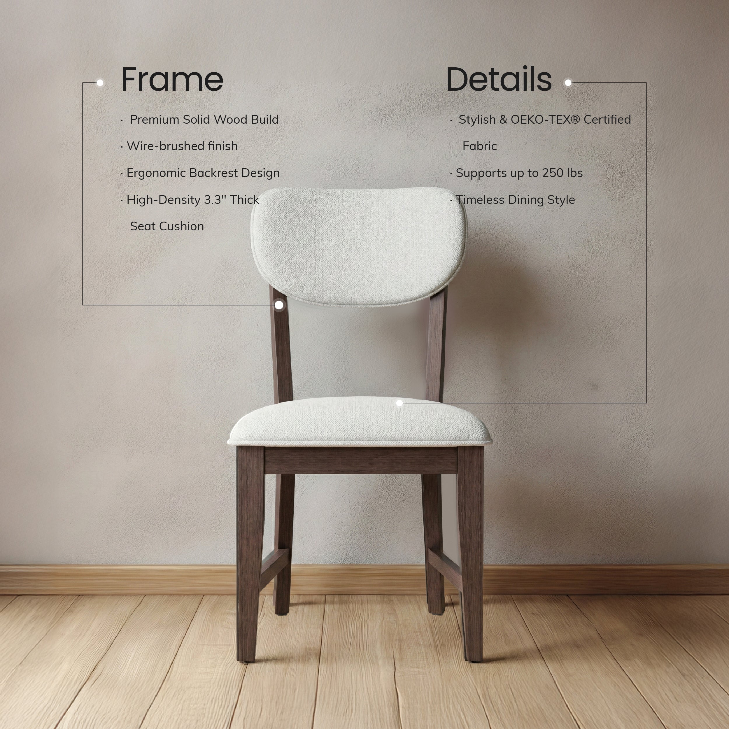 COLAMY PURA Solid Wood Dining Chair with OEKO-TEX® Fabric