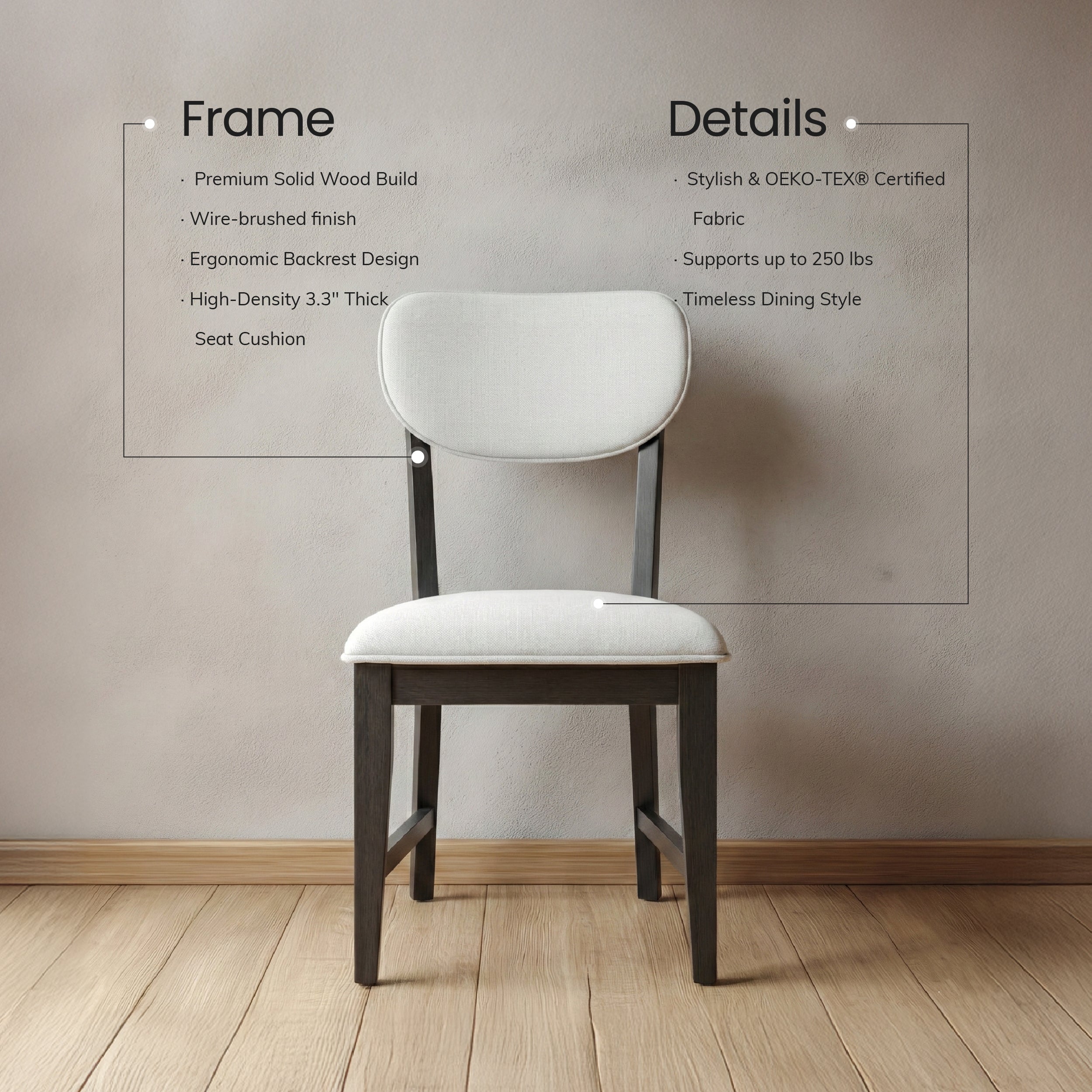 COLAMY PURA Solid Wood Dining Chair with OEKO-TEX® Fabric