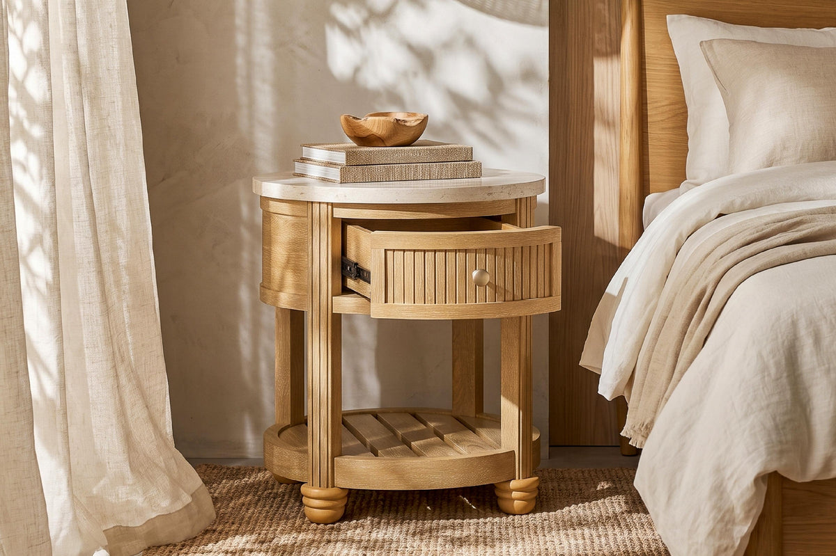 COLAMY VERSE Round Side Table with Drawer & Storage Shelf