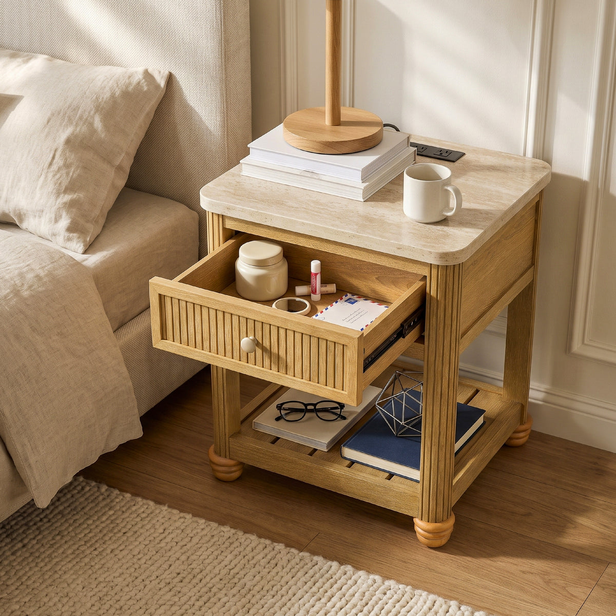 COLAMY VERSE Reeded End Table with Drawer and Open Shelf