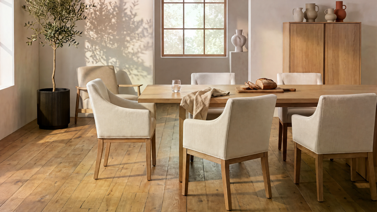 COLAMY ELVIA Upholstered Dining Chair with Arms – Solid Wood Frame
