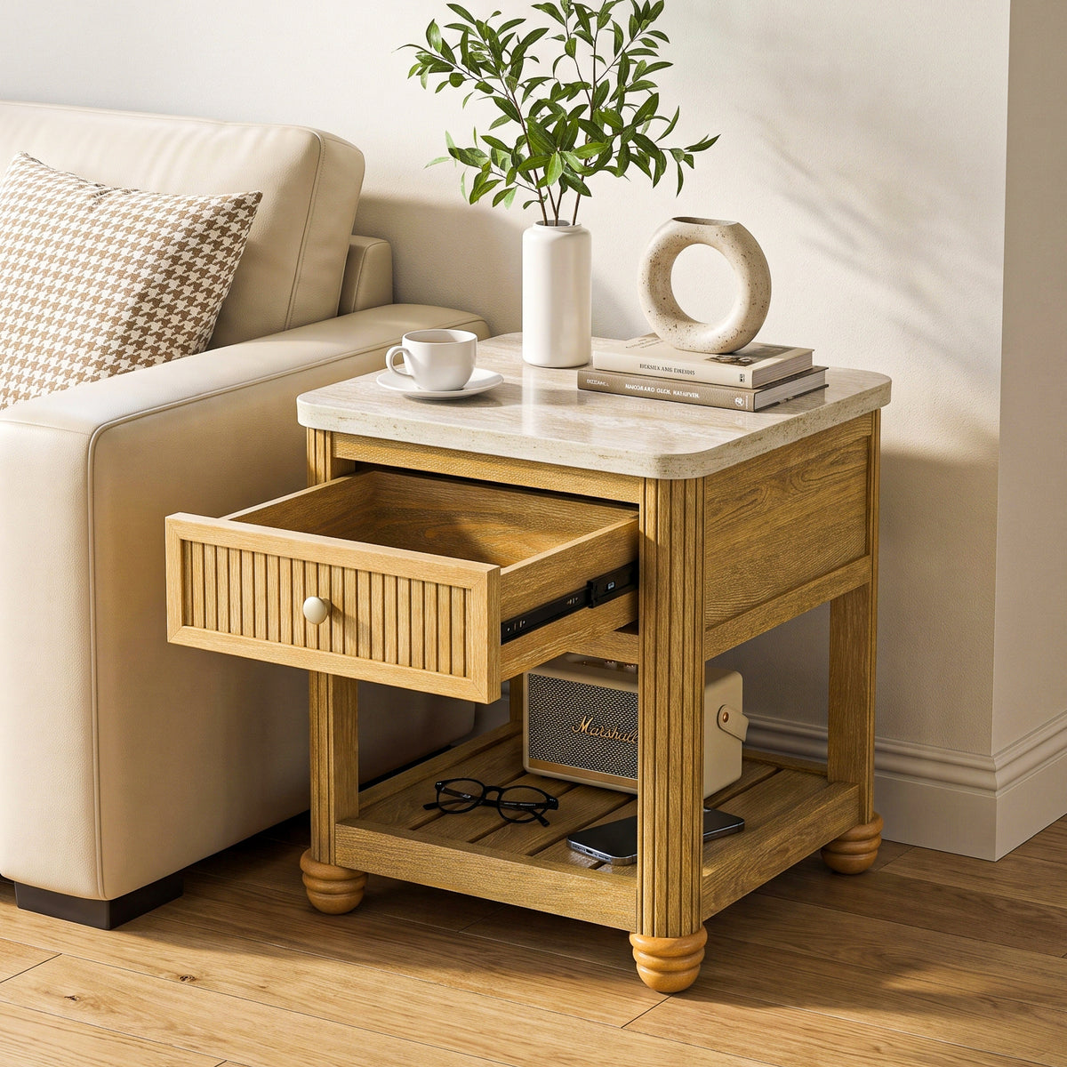 COLAMY VERSE Reeded End Table with Drawer and Open Shelf