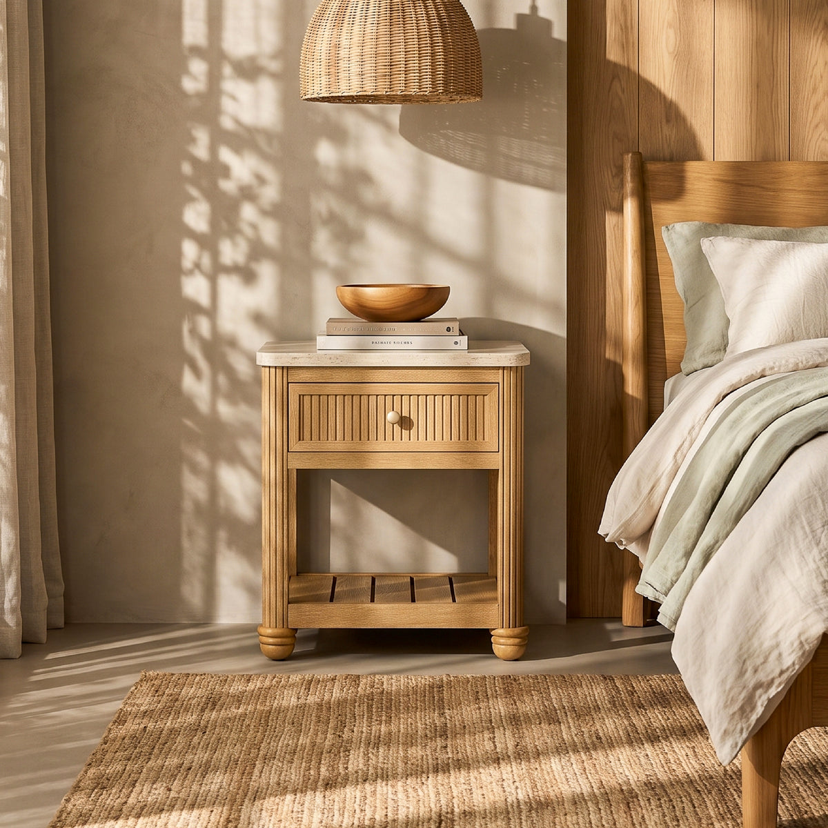 COLAMY VERSE Reeded End Table with Drawer and Open Shelf