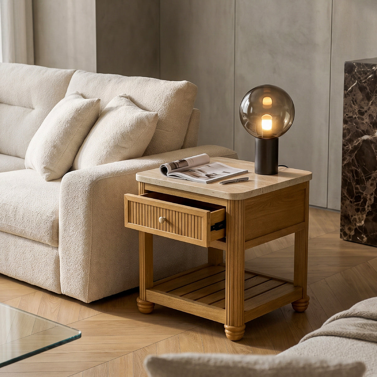 COLAMY VERSE Reeded End Table with Drawer and Open Shelf