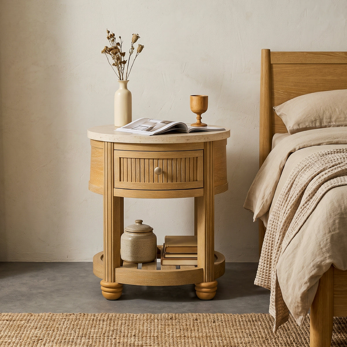 COLAMY VERSE Round Side Table with Drawer & Storage Shelf
