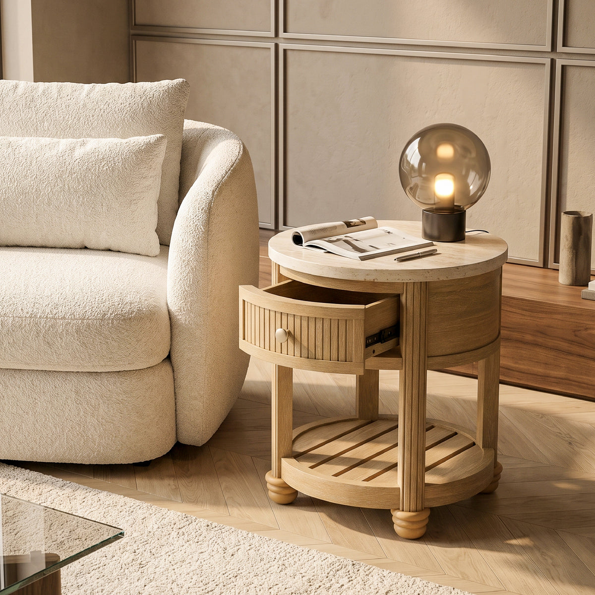 COLAMY VERSE Round Side Table with Drawer & Storage Shelf