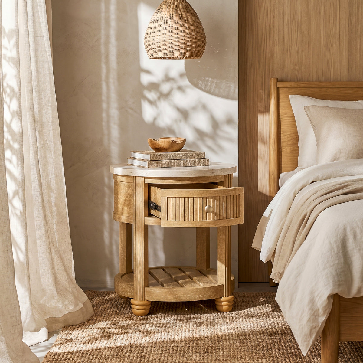 COLAMY VERSE Round Side Table with Drawer & Storage Shelf