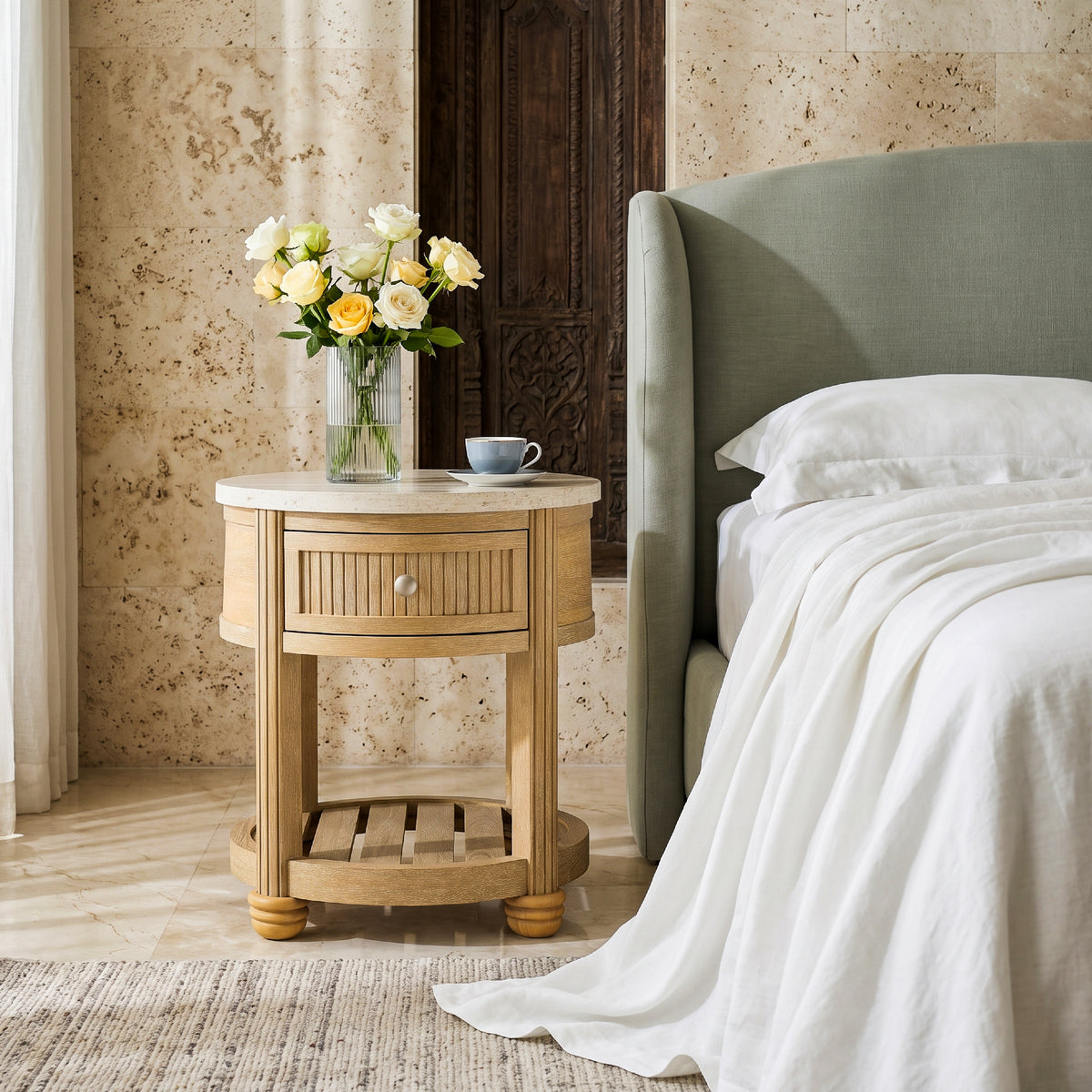 COLAMY VERSE Round Side Table with Drawer & Storage Shelf